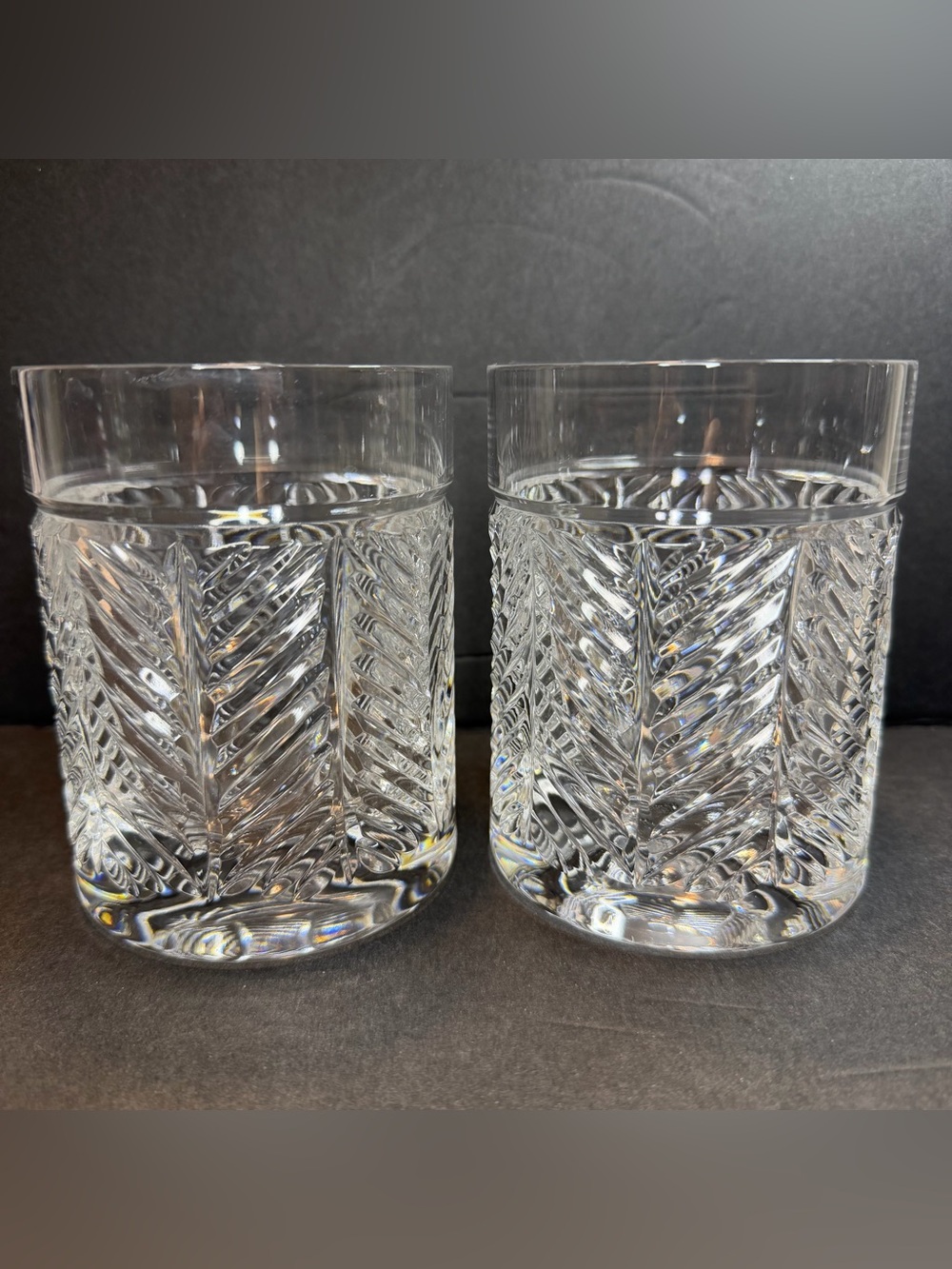 Ralph Lauren Herringbone Crystal Double Old Fashioned Whiskey Glasses Pair